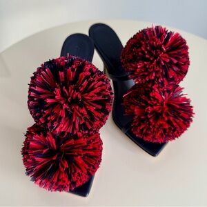 Bottega Veneta *NEW* Leather Navy Blue & Red Pom Pom Shoes- Size 6
